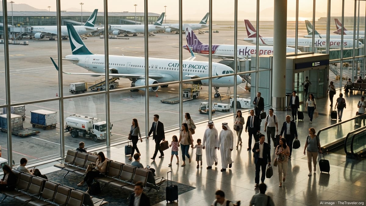 Busy evening at Hong Kong airport with Cathay aircraft and global travelers in terminal.