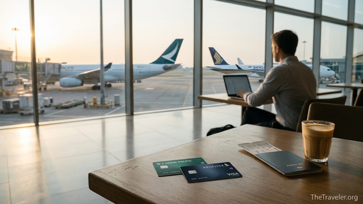 Airport lounge table with Cathay Pacific and KrisFlyer credit cards overlooking both airlines’ jets on the tarmac.