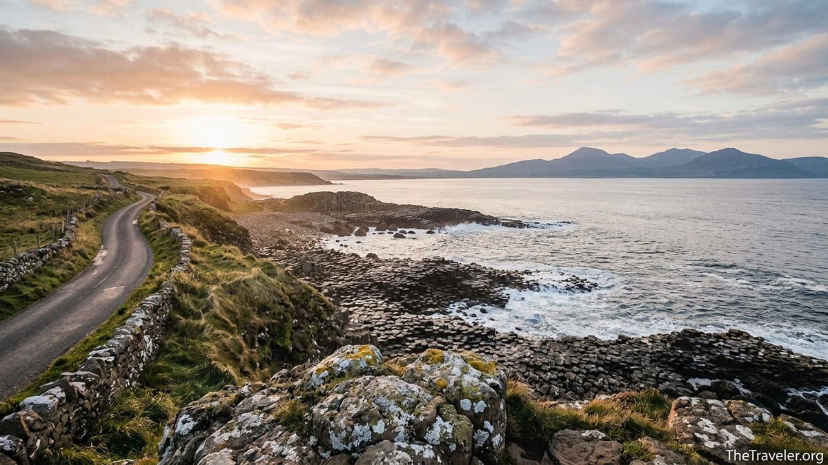 Clifftop sunrise on Northern Ireland’s Causeway Coast with sea cliffs and distant mountains.