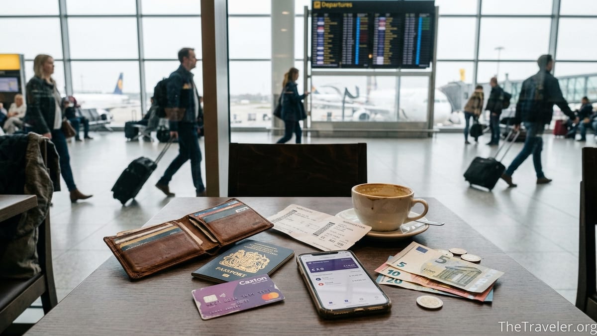 Traveller checking a Caxton travel card and app at an airport café table.