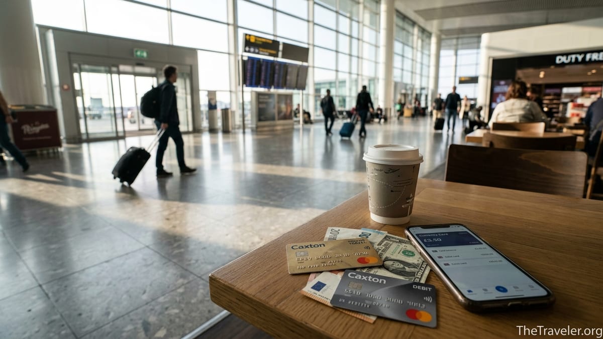 Caxton travel card and phone app on a café table in a busy airport departures hall.
