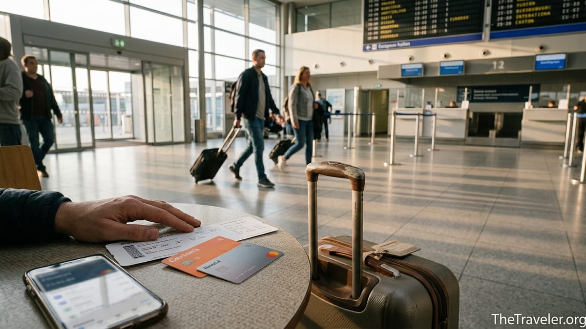 Close-up of Caxton and Revolut cards on a café table in a busy airport terminal.