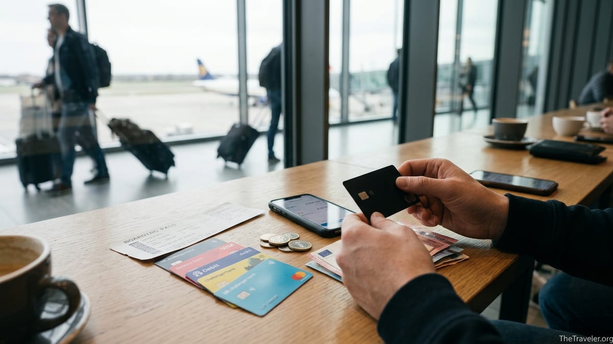Traveller at airport café comparing different travel money cards beside euros and a smartphone.