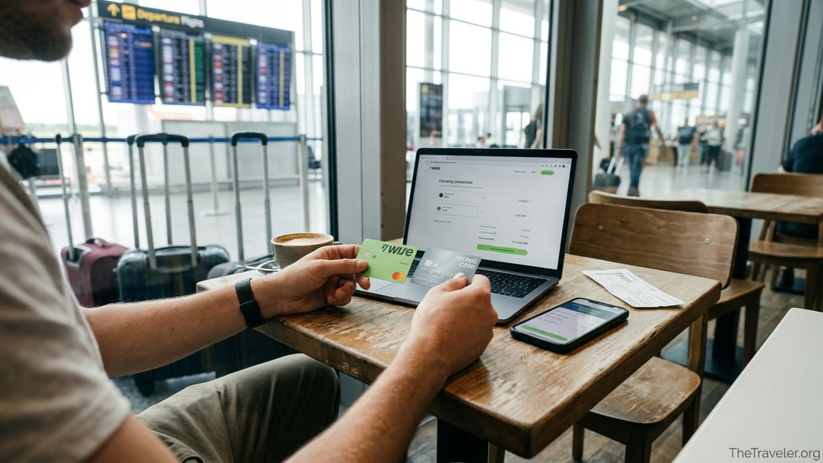 Traveler comparing Wise and prepaid travel cards at an airport café table.