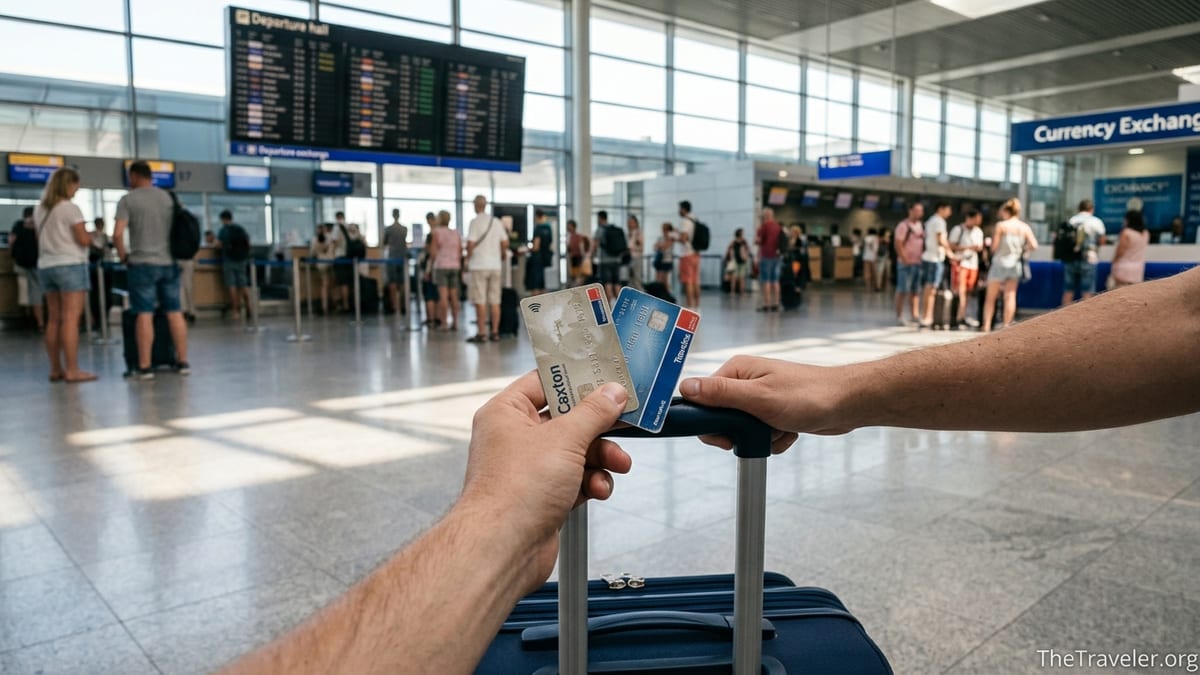 Traveler holding Caxton and Travelex-style prepaid cards on suitcase handle in a busy airport.
