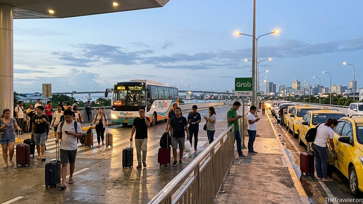 Travelers boarding taxis and MyBus outside Cebu Mactan Airport at dusk