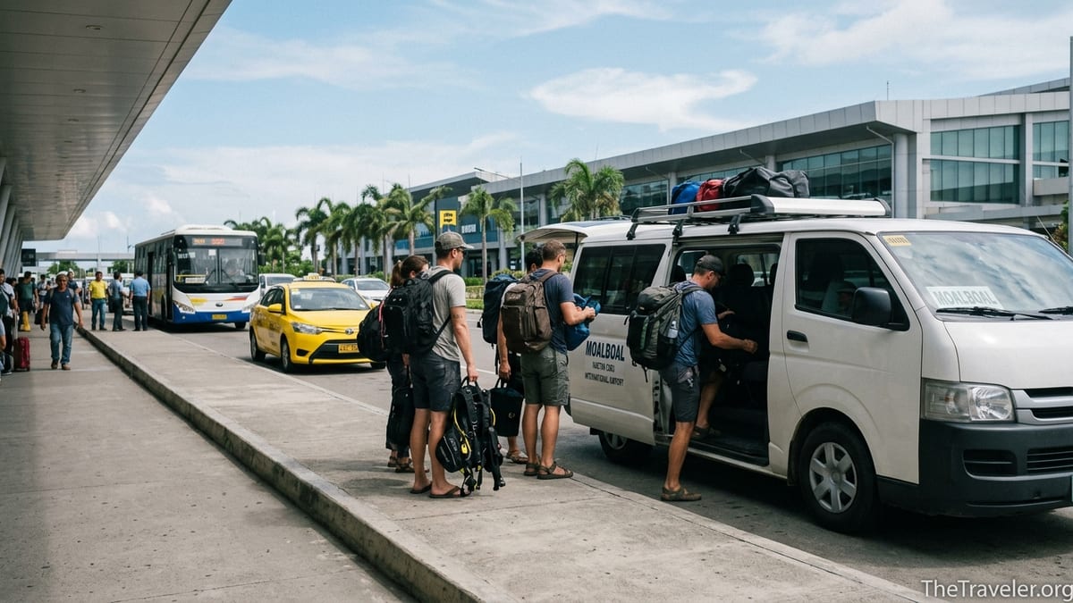 Travelers with luggage boarding a van at Cebu airport for a trip to Moalboal.