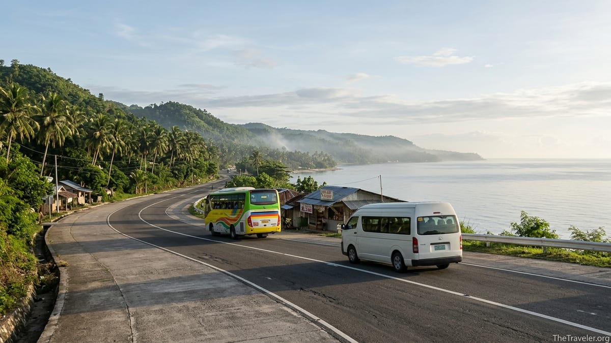 Coastal highway in southern Cebu at sunrise with tour van and bus heading toward Oslob.