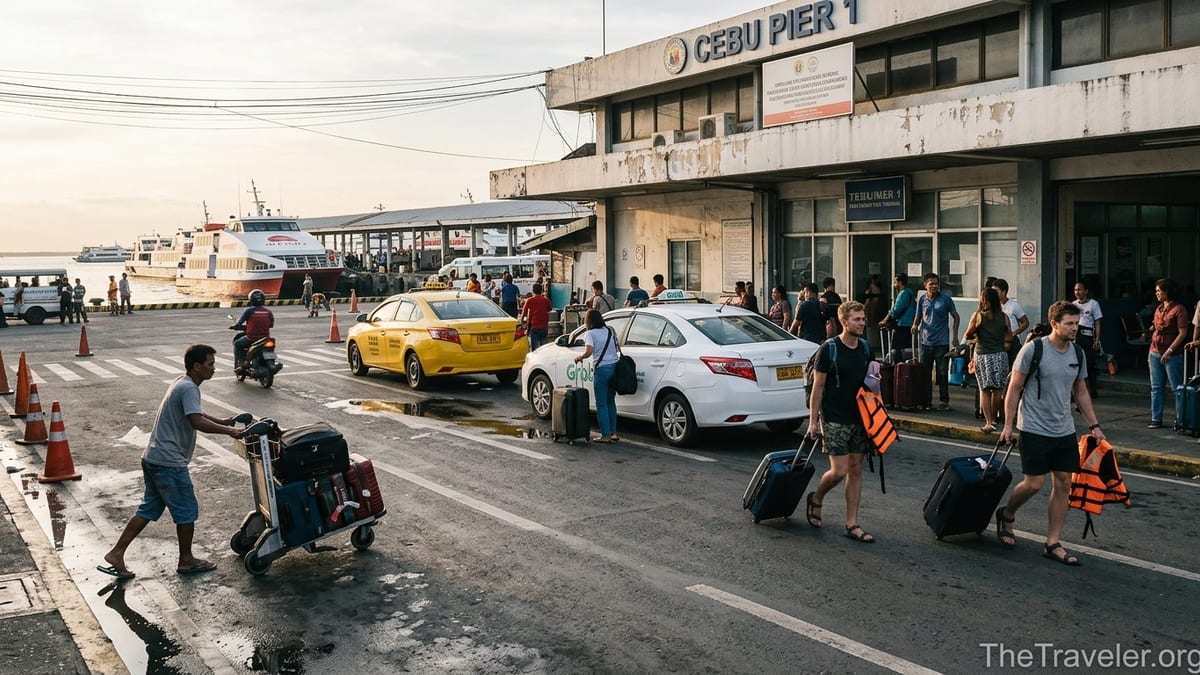 Taxis and travelers with luggage outside Cebu Pier 1 early in the morning