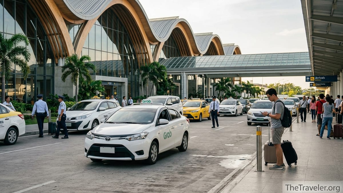 Traveler meeting a Grab car outside Cebu Mactan Airport Terminal 2 curbside at sunset