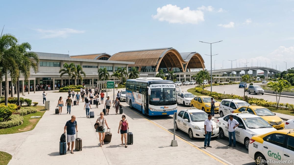 Arriving passengers outside Mactan Cebu Airport boarding MyBus and taxis under a sunny sky.