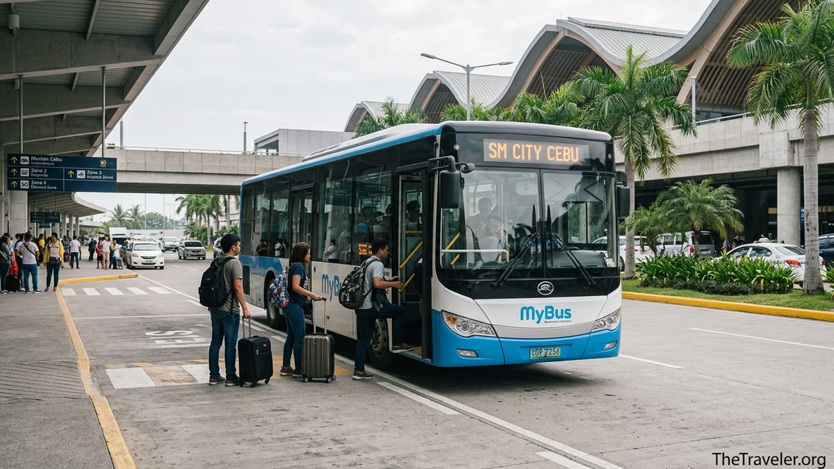 Passengers boarding a MyBus at Mactan Cebu International Airport bound for SM City Cebu