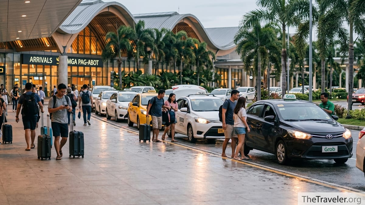 Travelers boarding taxis and Grab cars outside Mactan Cebu International Airport at dusk.