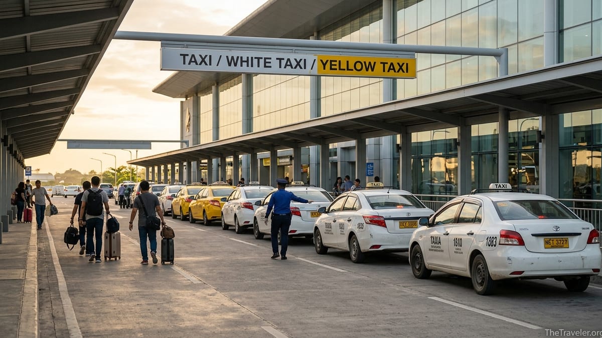 White and yellow taxis lined up outside Cebu Mactan Airport arrivals with travelers queuing.