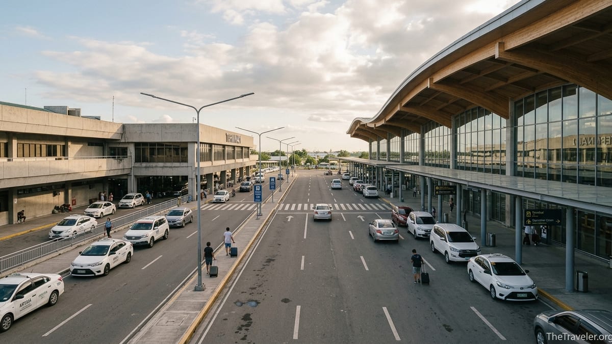 View of Cebu Mactan Airport showing Terminal 1 and Terminal 2 with travelers at curbside.