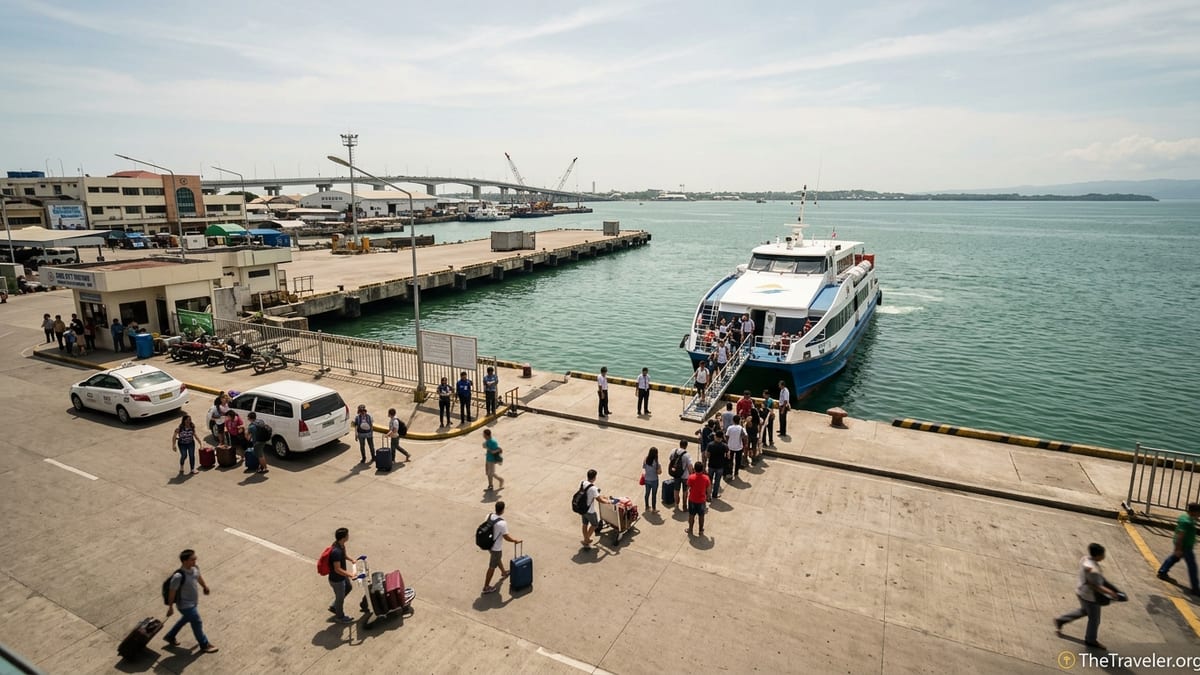 Travelers boarding a fast ferry to Bohol at Cebu City Pier 1 on a sunny afternoon.