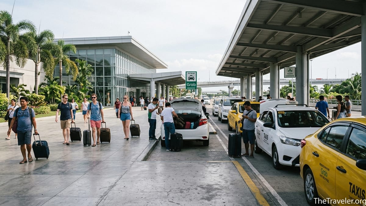 Arriving passengers outside Mactan Cebu Airport choosing taxis and ride-hailing cars.