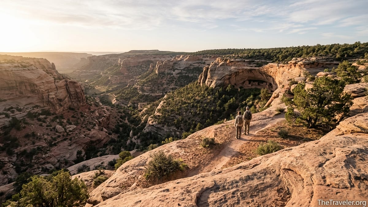 Sunrise view over a Cedar Mesa canyon in Bears Ears with hikers on the rim trail.