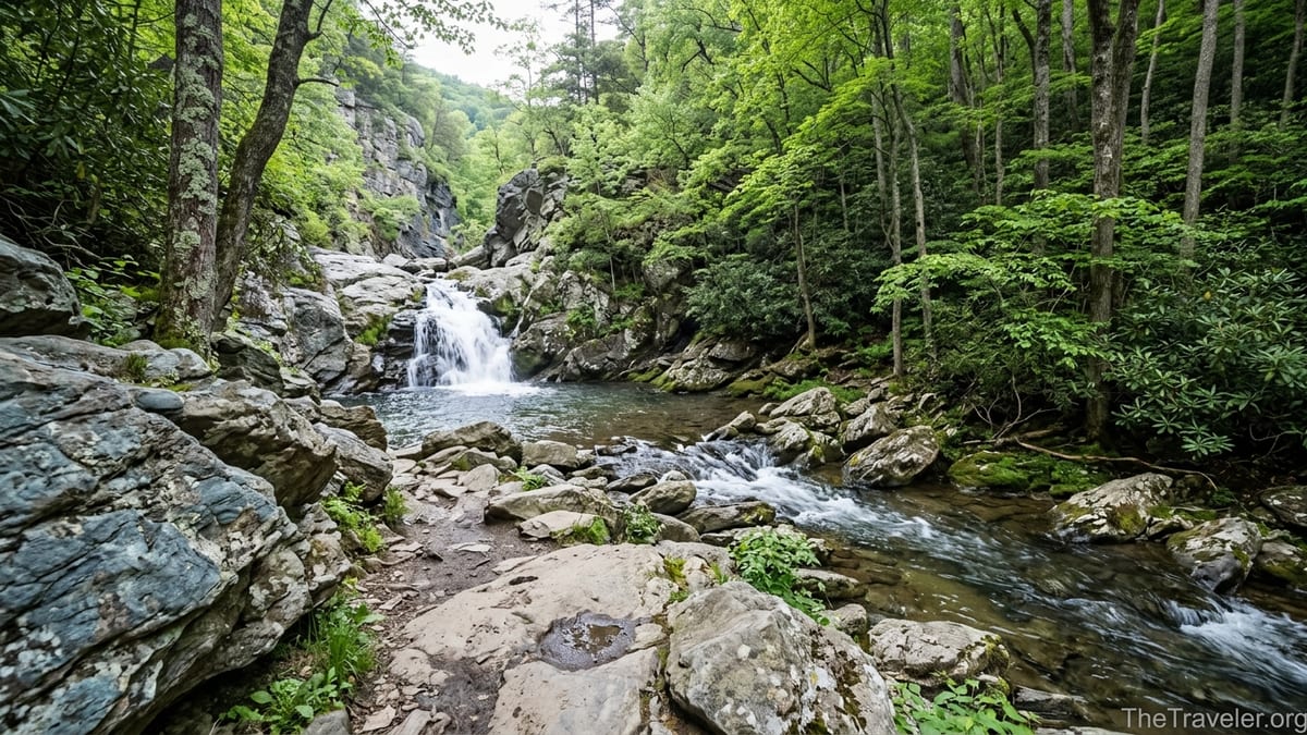 Rocky Shenandoah trail following a rushing stream and waterfall in a green forest.