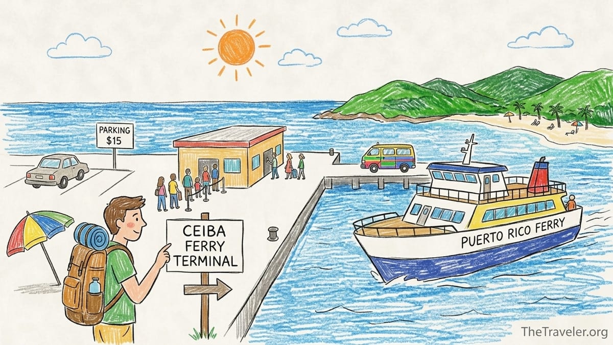 Passengers boarding the Ceiba to Culebra ferry in Puerto Rico for Flamenco Beach.