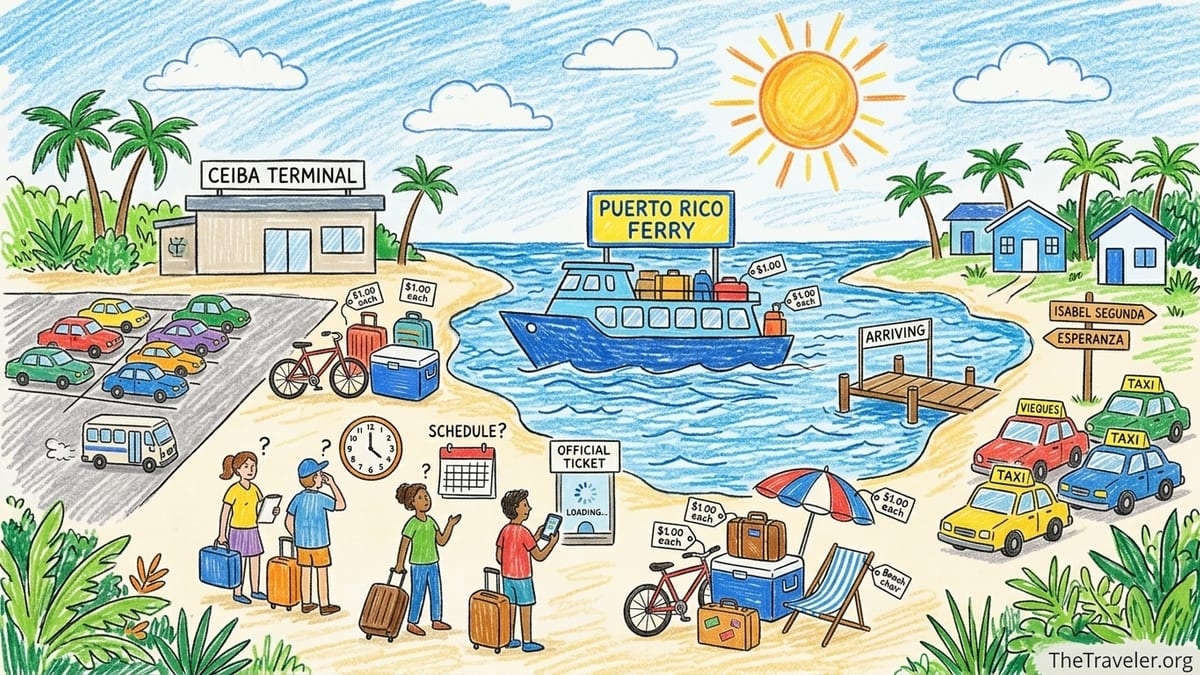 Travelers with luggage at the Ceiba ferry terminal boarding for Vieques, Puerto Rico.