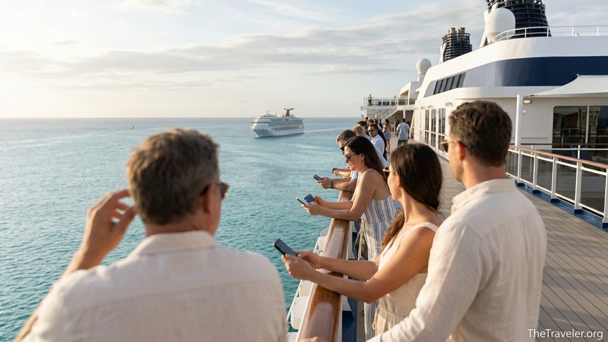 Cruise passengers on an upper deck at sea comparing credit cards while sailing past another ship.