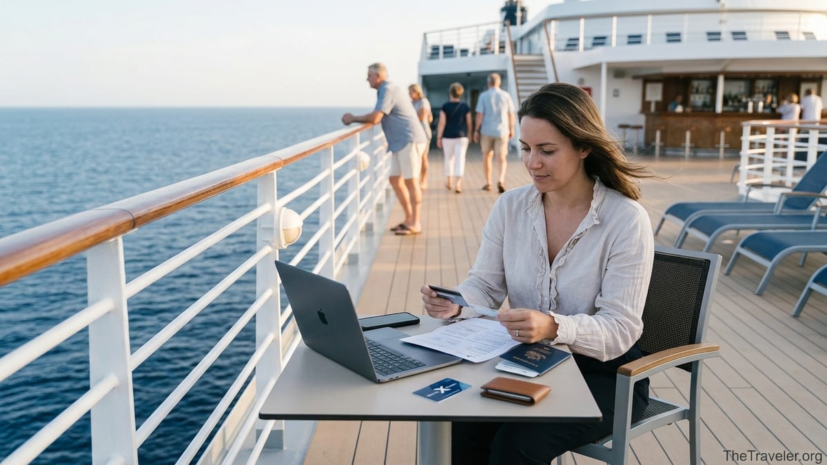 Traveler on a Celebrity cruise ship deck reviewing a credit card and documents at sunset.