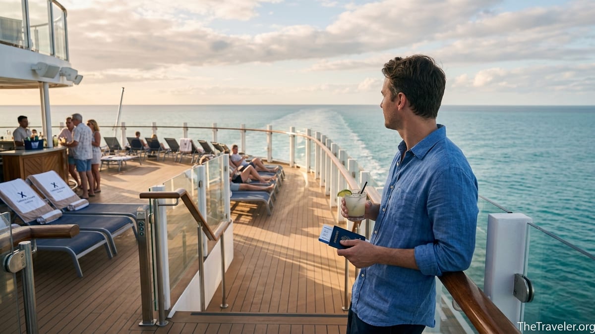 Cruise passengers on a Celebrity ship deck at dusk reviewing a cruise credit card brochure.