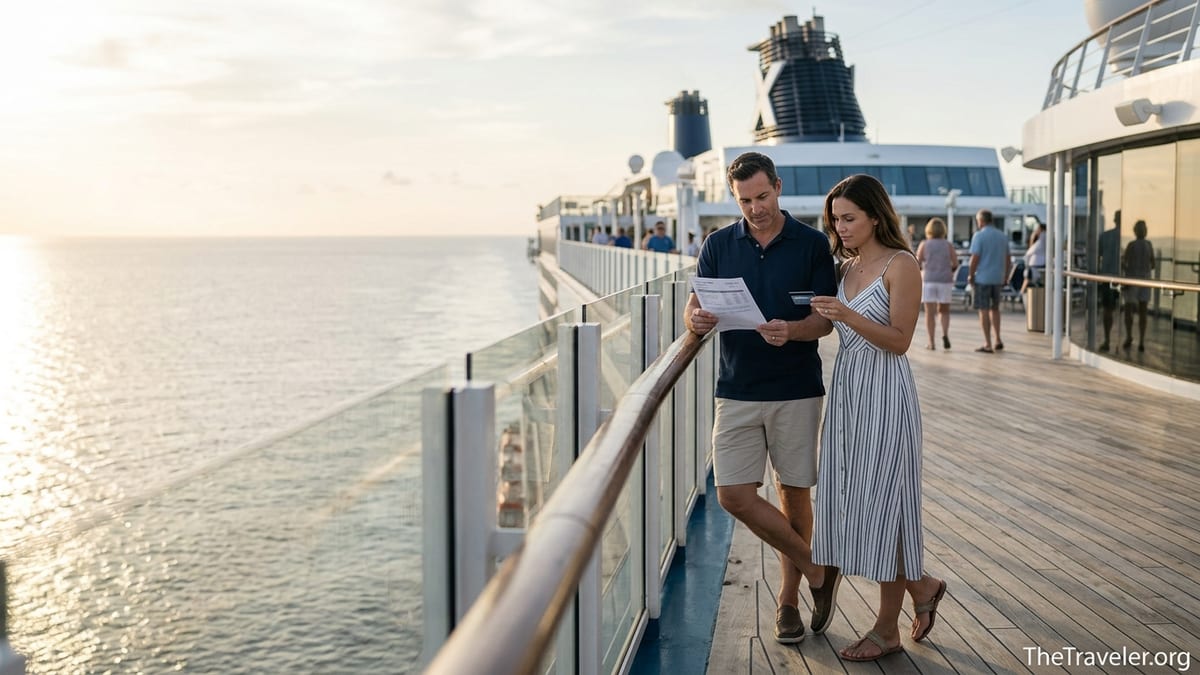 Couple on a Celebrity cruise ship deck at sunset reviewing a credit card statement by the rail.