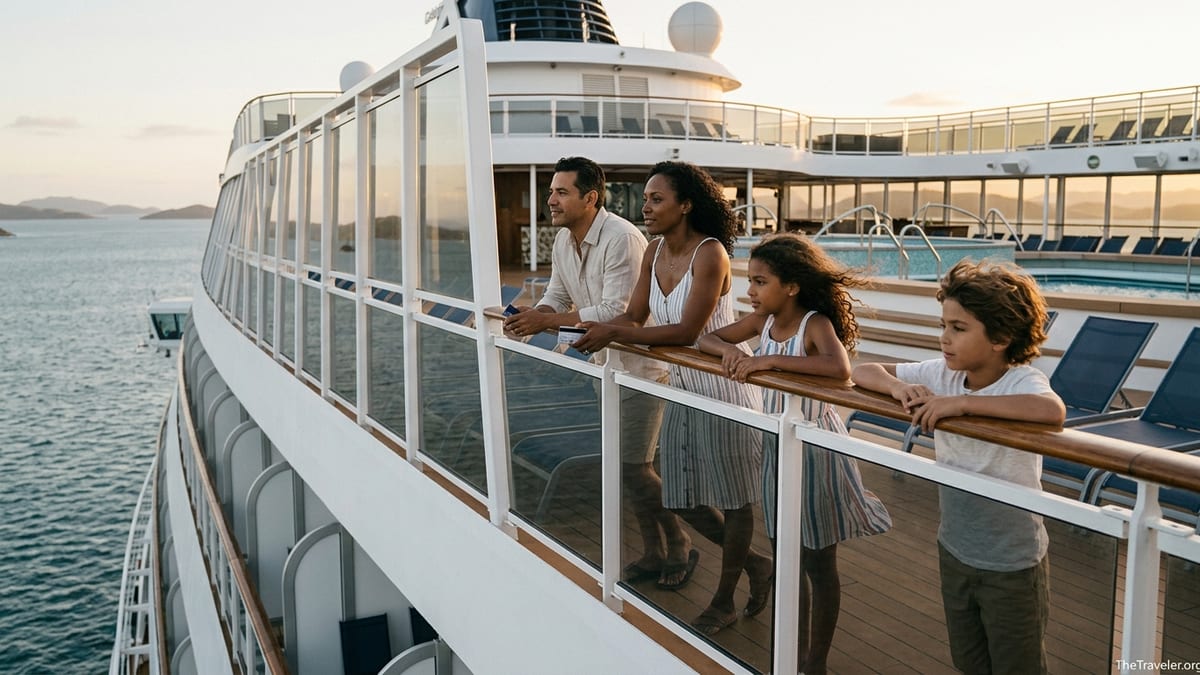 Family on deck of a Celebrity cruise ship at sunset discussing travel credit card benefits.