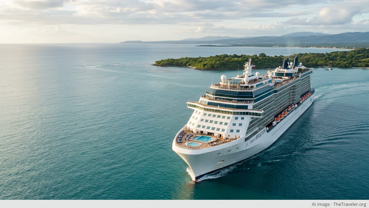 Aerial view of Celebrity Reflection cruising through calm turquoise Caribbean waters near a lush green island.