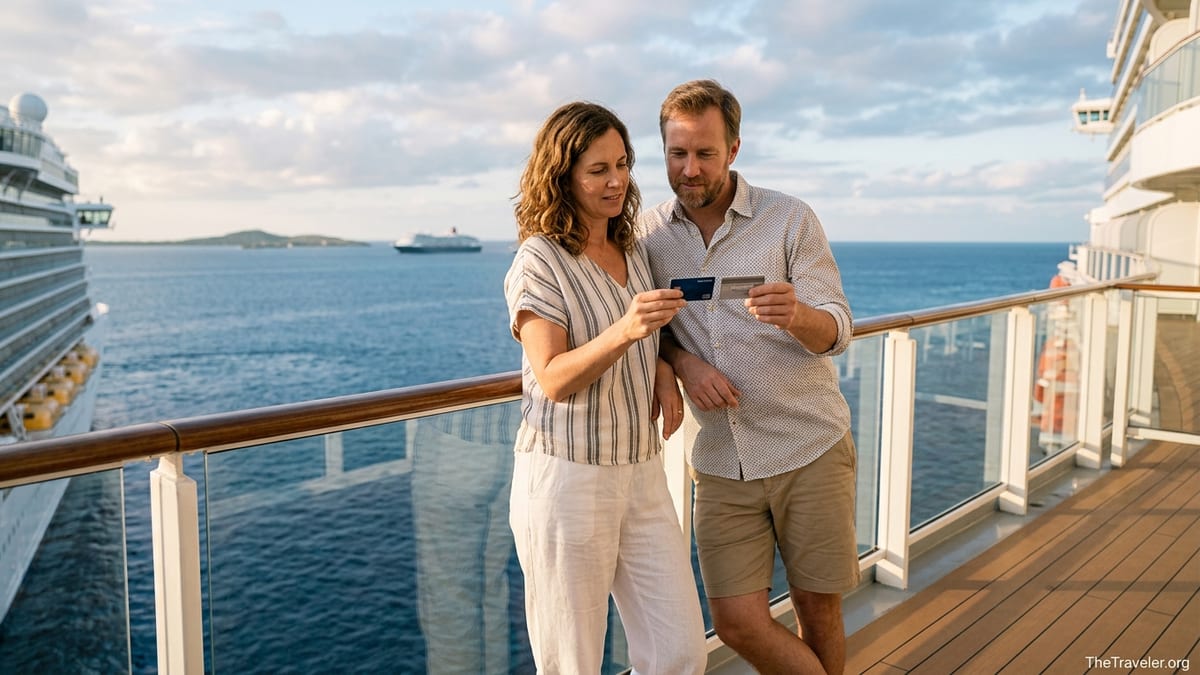 Couple on a cruise ship deck comparing two credit cards at sunset over the sea.