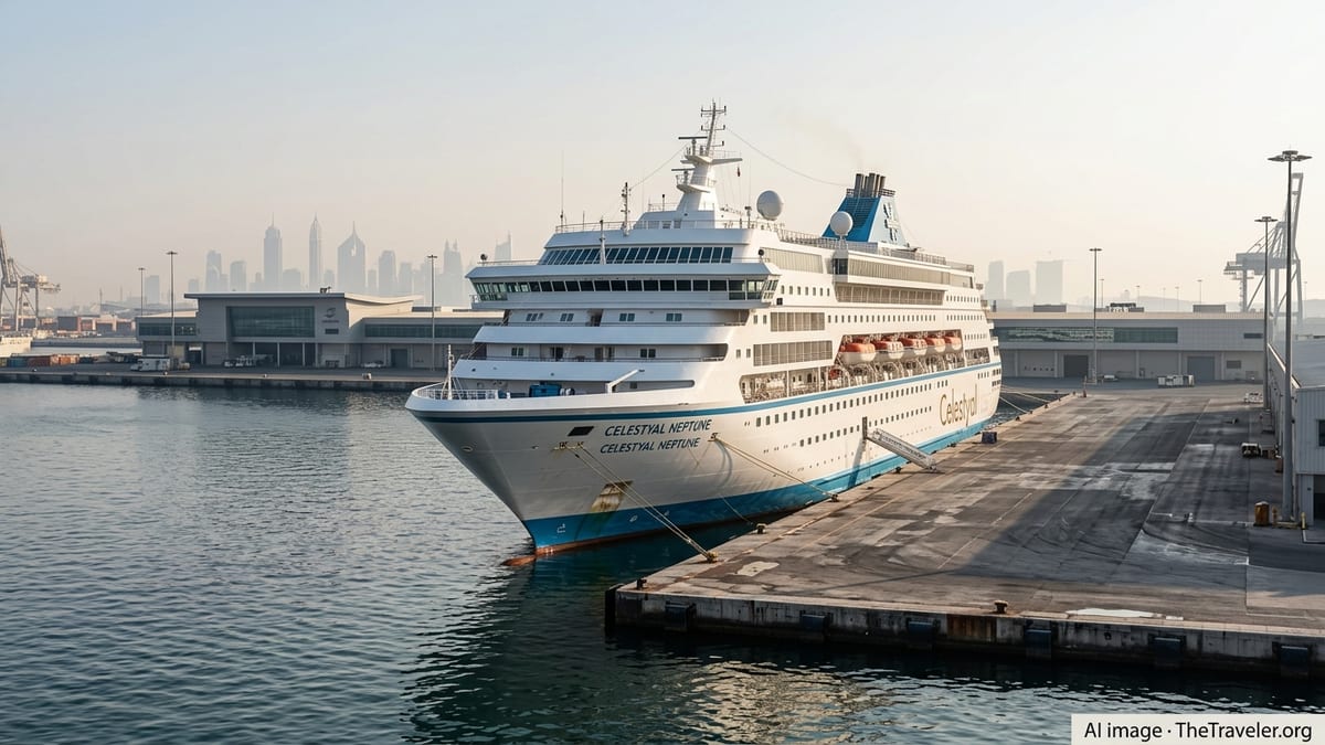 Celestyal cruise ship idle at a Gulf port terminal under hazy afternoon light.