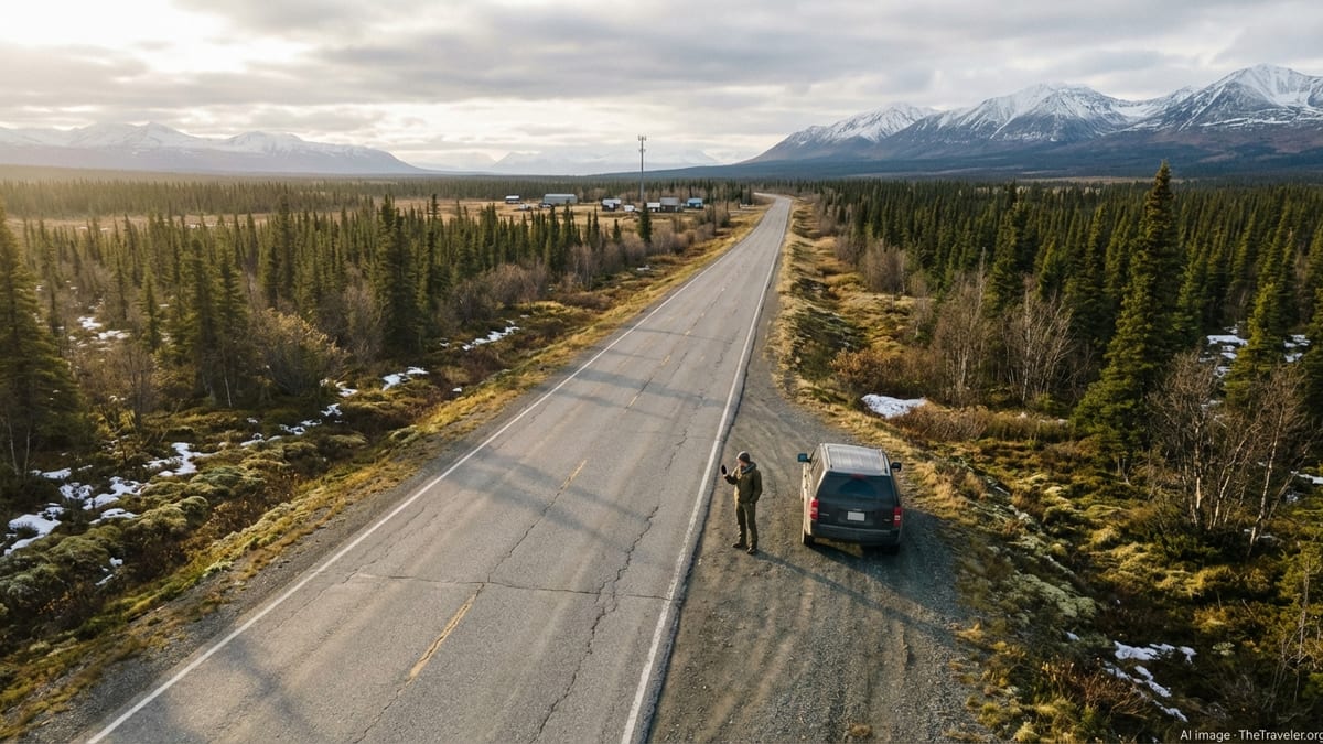 Traveler on a remote Alaska highway checking a phone with no cell signal.