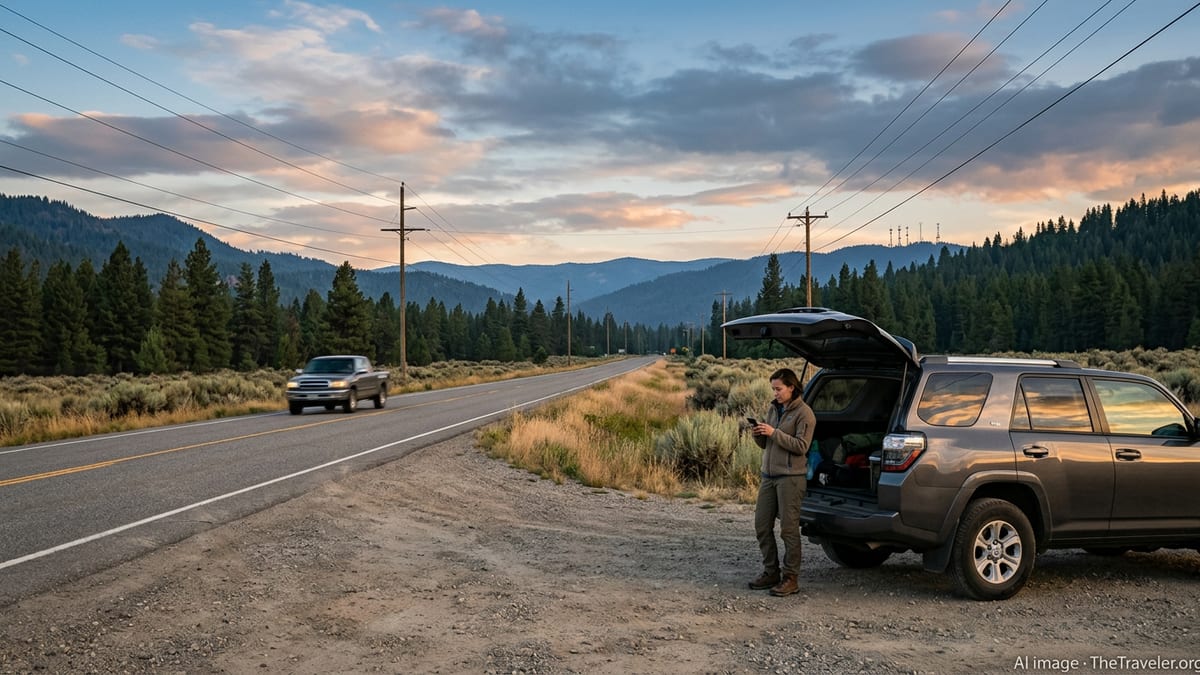 Traveler checking cell signal beside an SUV on a rural Idaho highway at sunset.