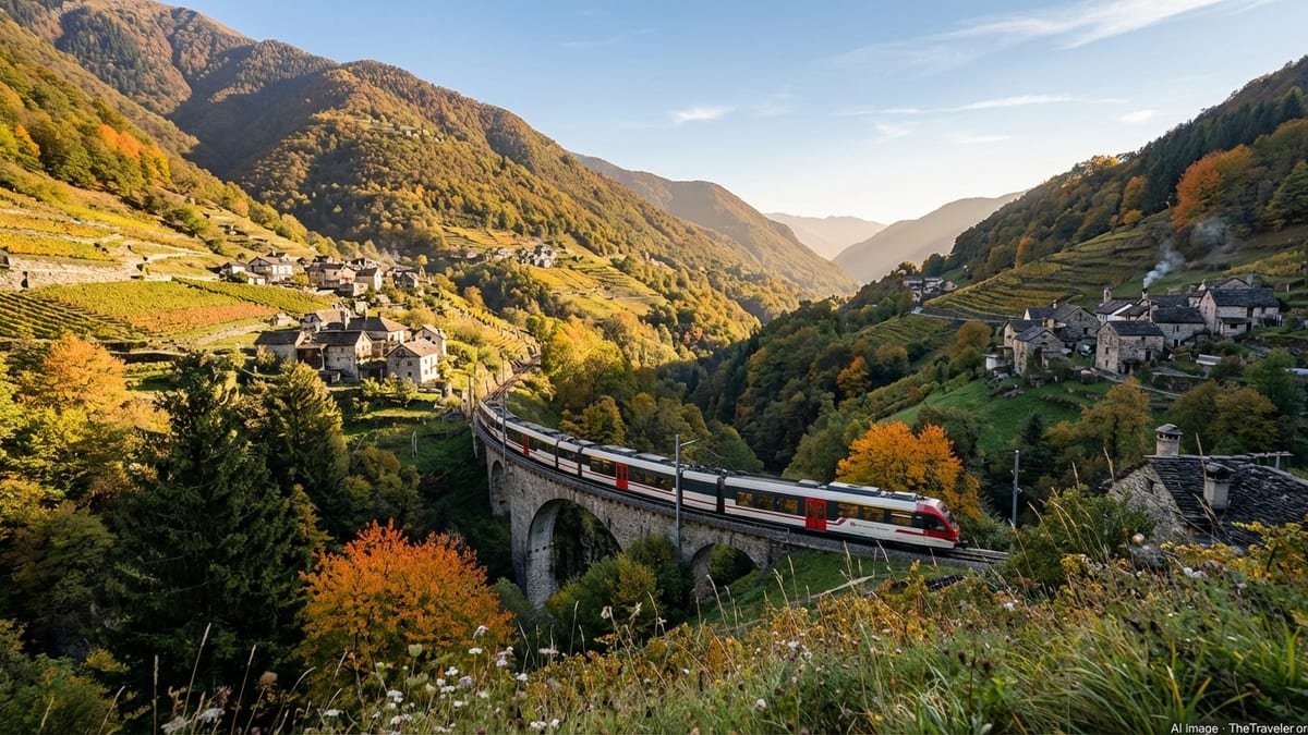 Centovalli Express train crossing a high viaduct above a forested Alpine valley between Locarno and Domodossola.