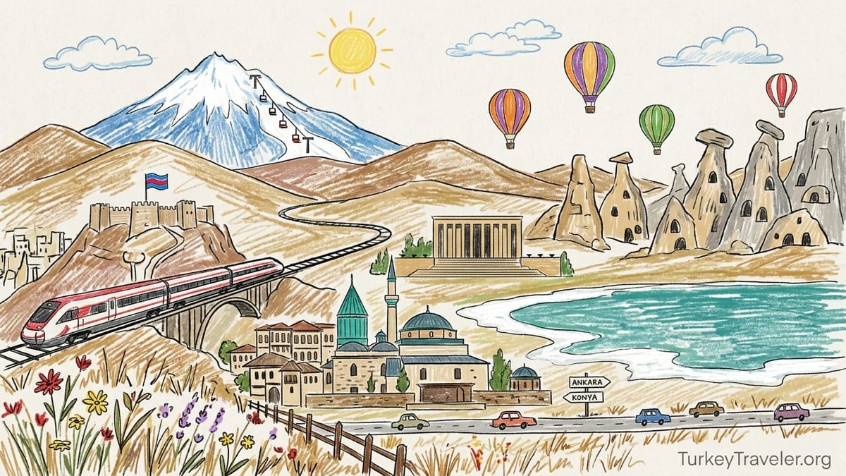 Dawn view over Cappadocia’s valleys and fairy chimneys with distant Mount Erciyes and a few hot-air balloons rising.