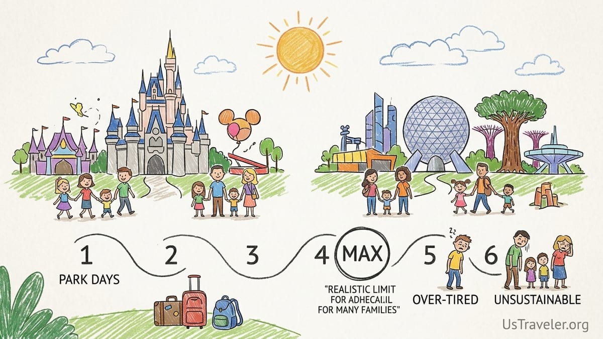 Families walking toward multiple Central Florida theme parks with ticket gates in view.