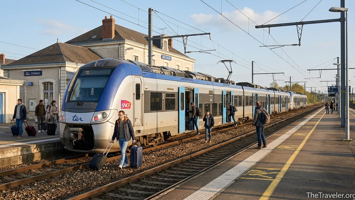 Travelers boarding a modern SNCF train at a sunlit station in central France.