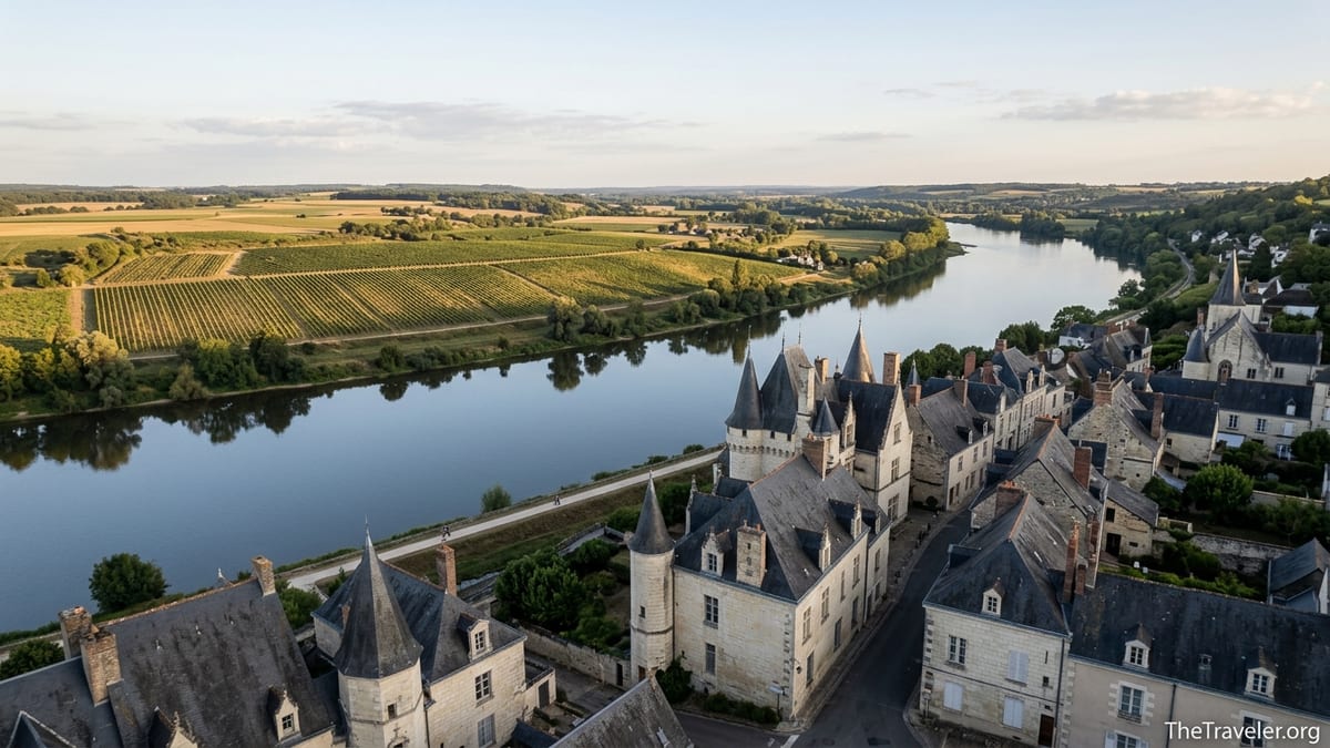 Loire Valley castle town above the river with vineyards and soft evening light.