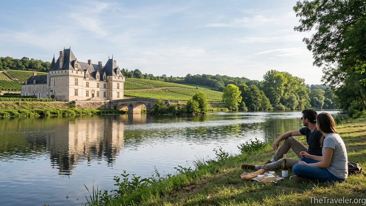 Loire Valley château reflected in a calm river with vineyards and a picnic on the bank.