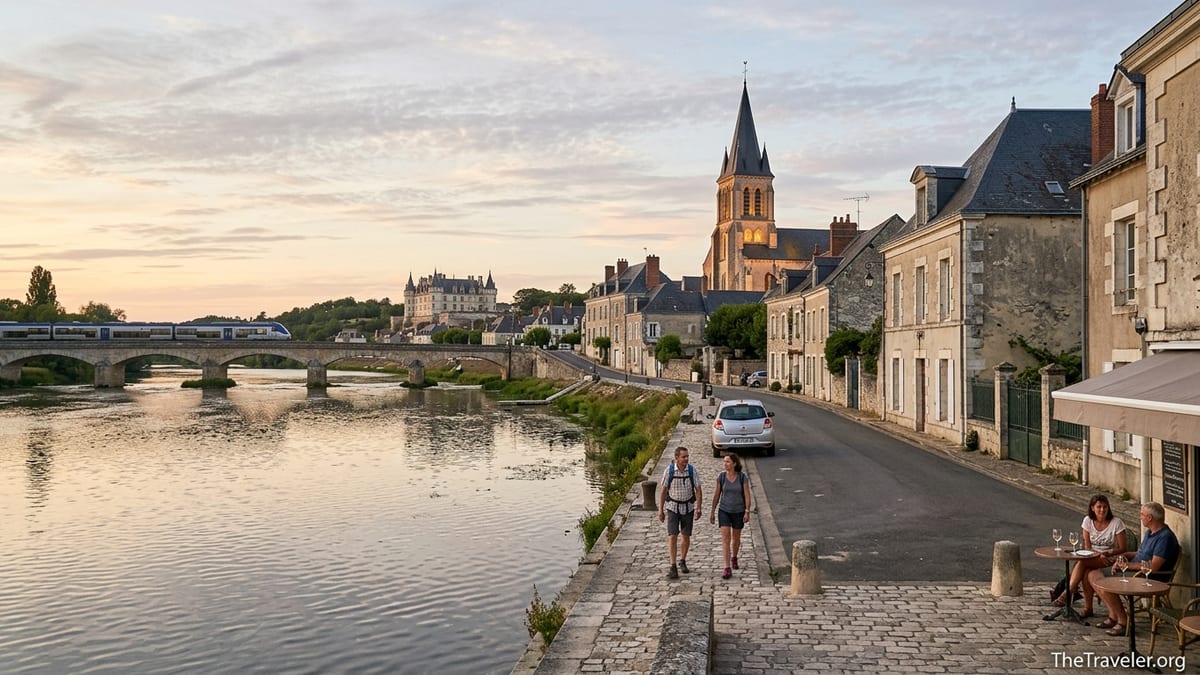 Loire Valley riverside town at dusk with chateau, river, train bridge and travelers walking along the quay.