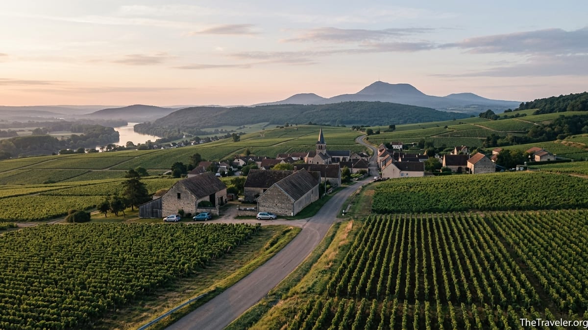 Road curving through Burgundy vineyards toward distant Auvergne volcanoes at sunrise