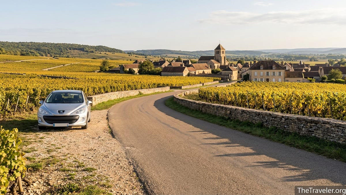 Scenic road through Burgundy vineyards with village and parked car at sunset