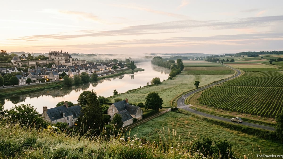 Sunrise over Loire Valley vineyards, river and hilltop village in central France