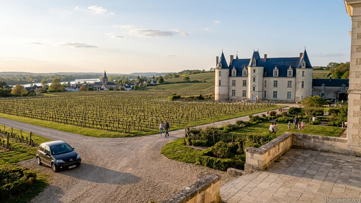 Château hotel among Loire Valley vineyards at golden hour with river town beyond