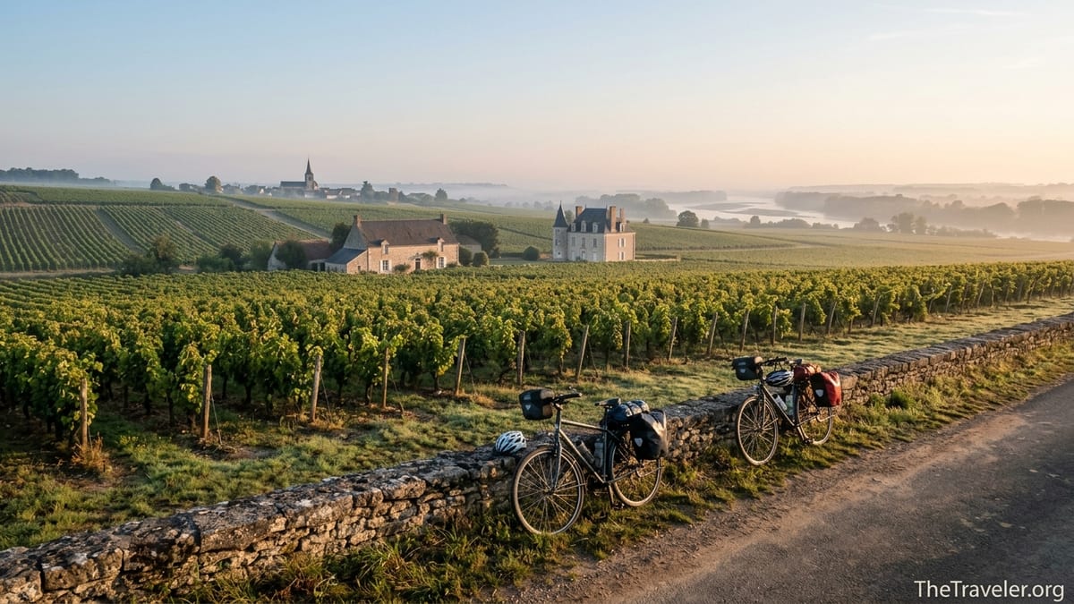 Sunrise over Loire Valley vineyards with bicycles resting by a stone wall.