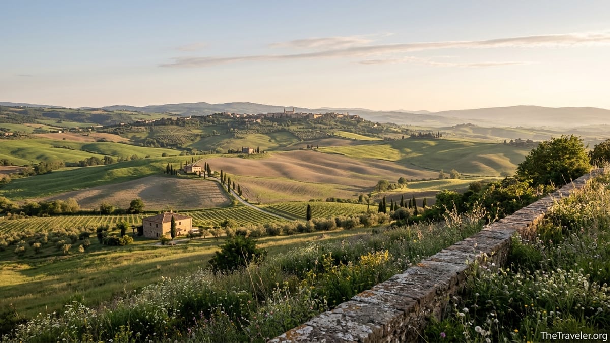Golden hour view over rolling hills and a hilltop town in Val d’Orcia, Tuscany.