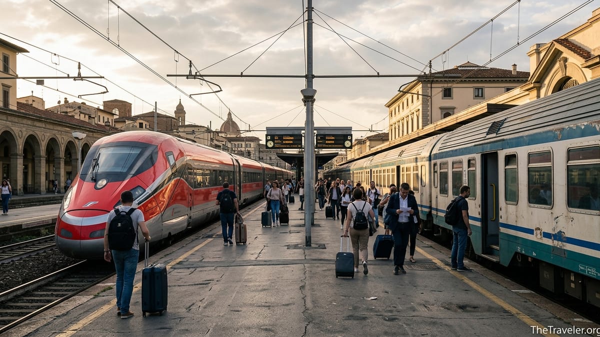 High speed and regional trains side by side at a central Italy station at sunset.