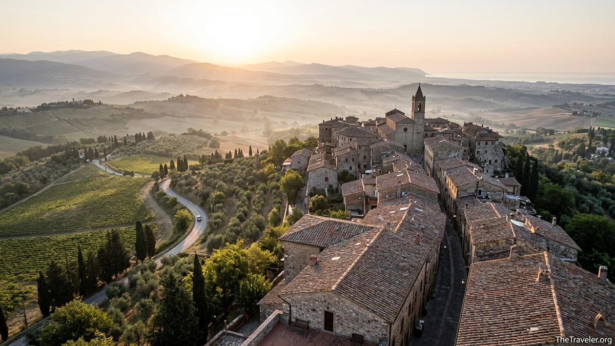 Sunrise over a Central Italian hill town with vineyards, olive groves and distant mountains.